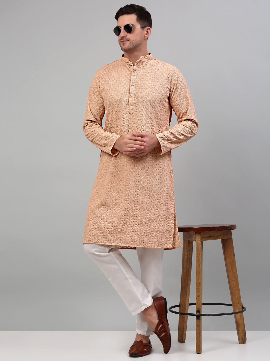 Men's Peach Chikankari Embroidered And Sequence Kurta