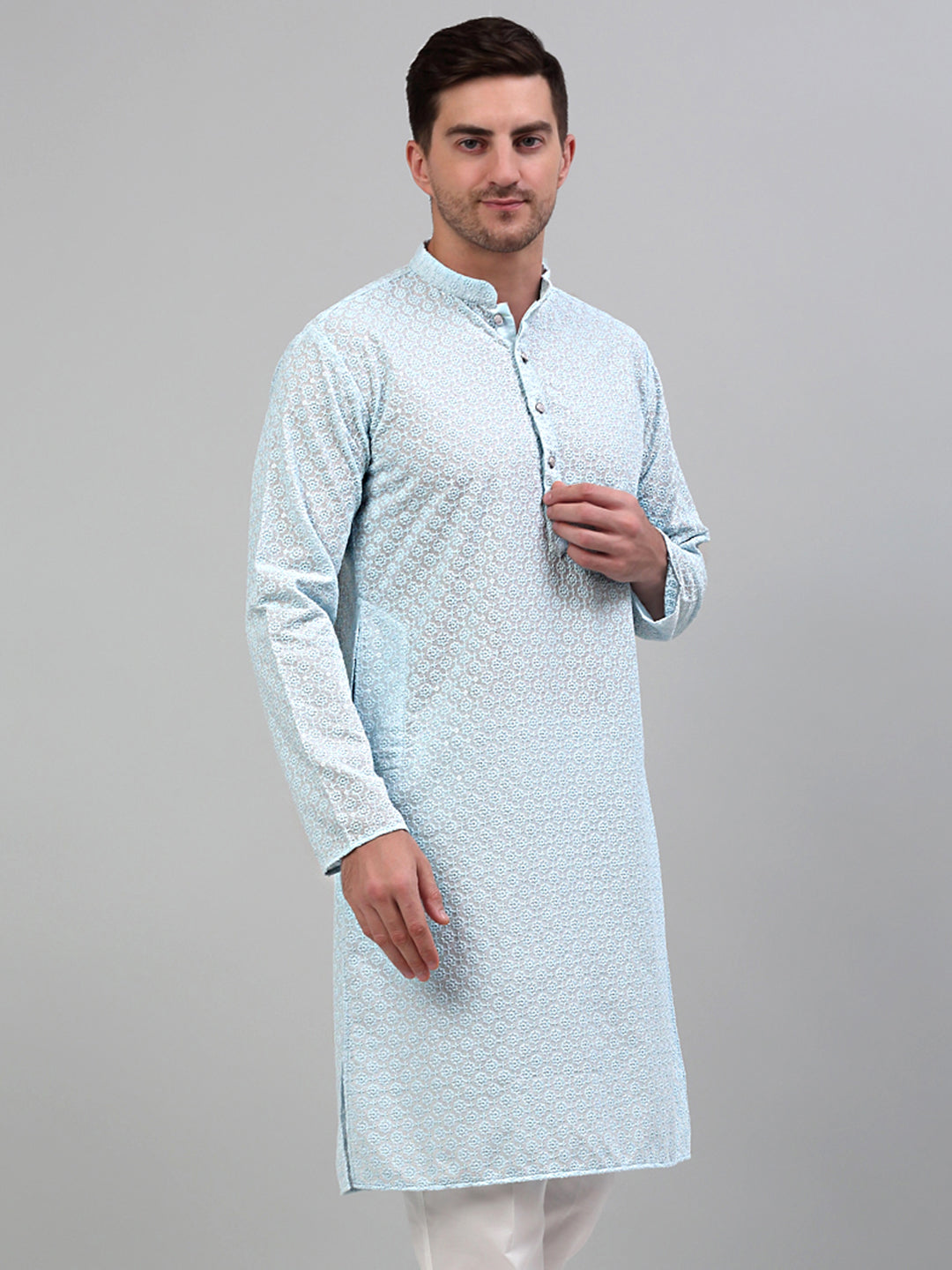 Men's Sky Blue Chikankari Embroidered And Sequence Kurta