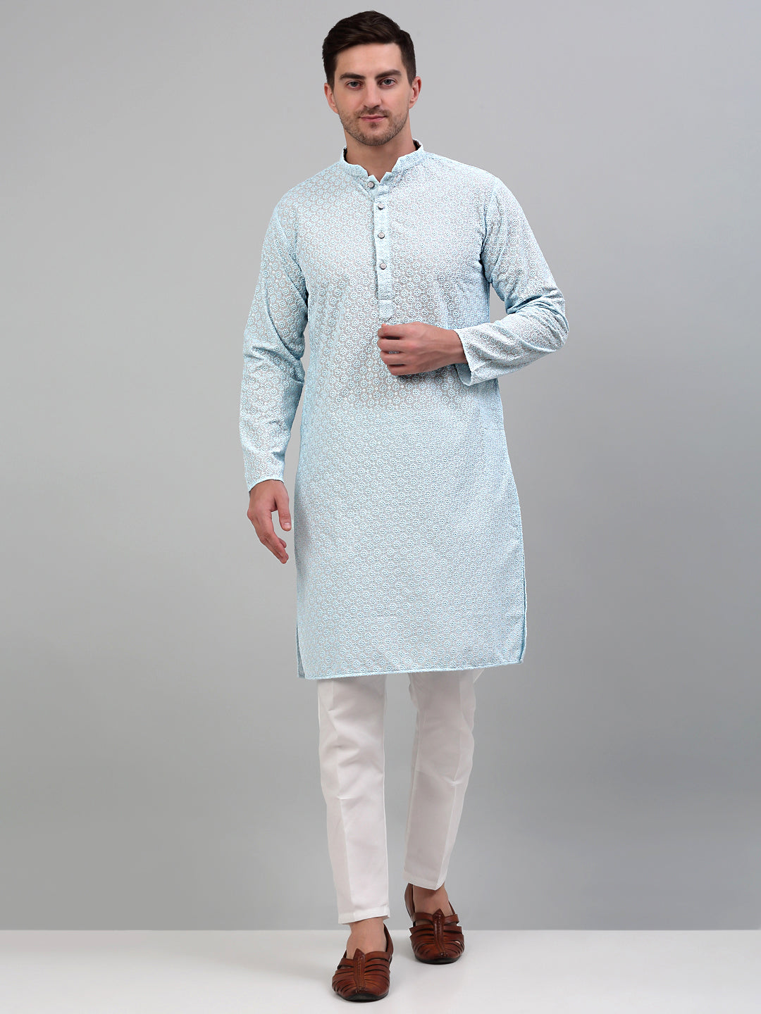 Men's Sky Blue Chikankari Embroidered And Sequence Kurta