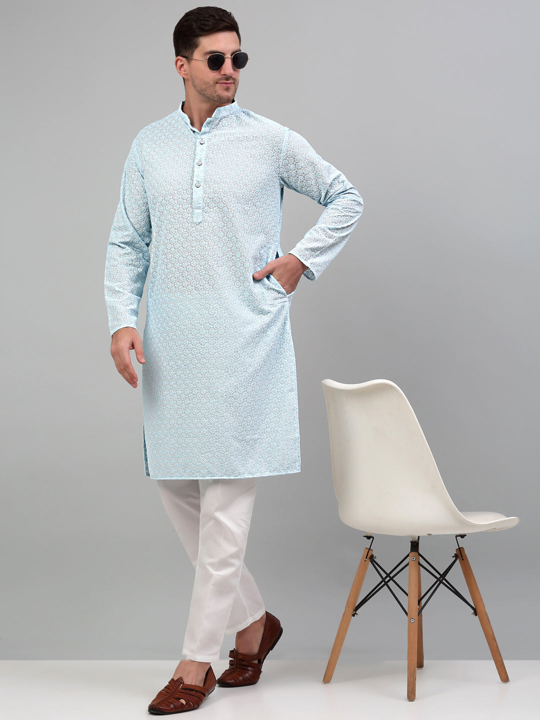 Men's Sky Blue Chikankari Embroidered And Sequence Kurta