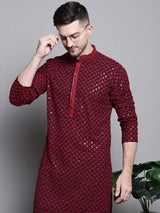 Men's Red Sequin Embroidered Cotton Kurta