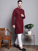 Men's Red Sequin Embroidered Cotton Kurta