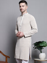 Men's Beige Sequin Embroidered Cotton Kurta