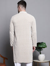 Men's Beige Sequin Embroidered Cotton Kurta