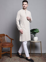 Men's Beige Sequin Embroidered Cotton Kurta