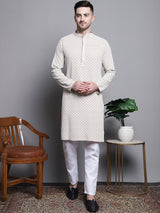 Men's Beige Sequin Embroidered Cotton Kurta