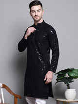 Men's Black Sequin Embroidered Cotton Kurta