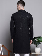 Men's Black Sequin Embroidered Cotton Kurta