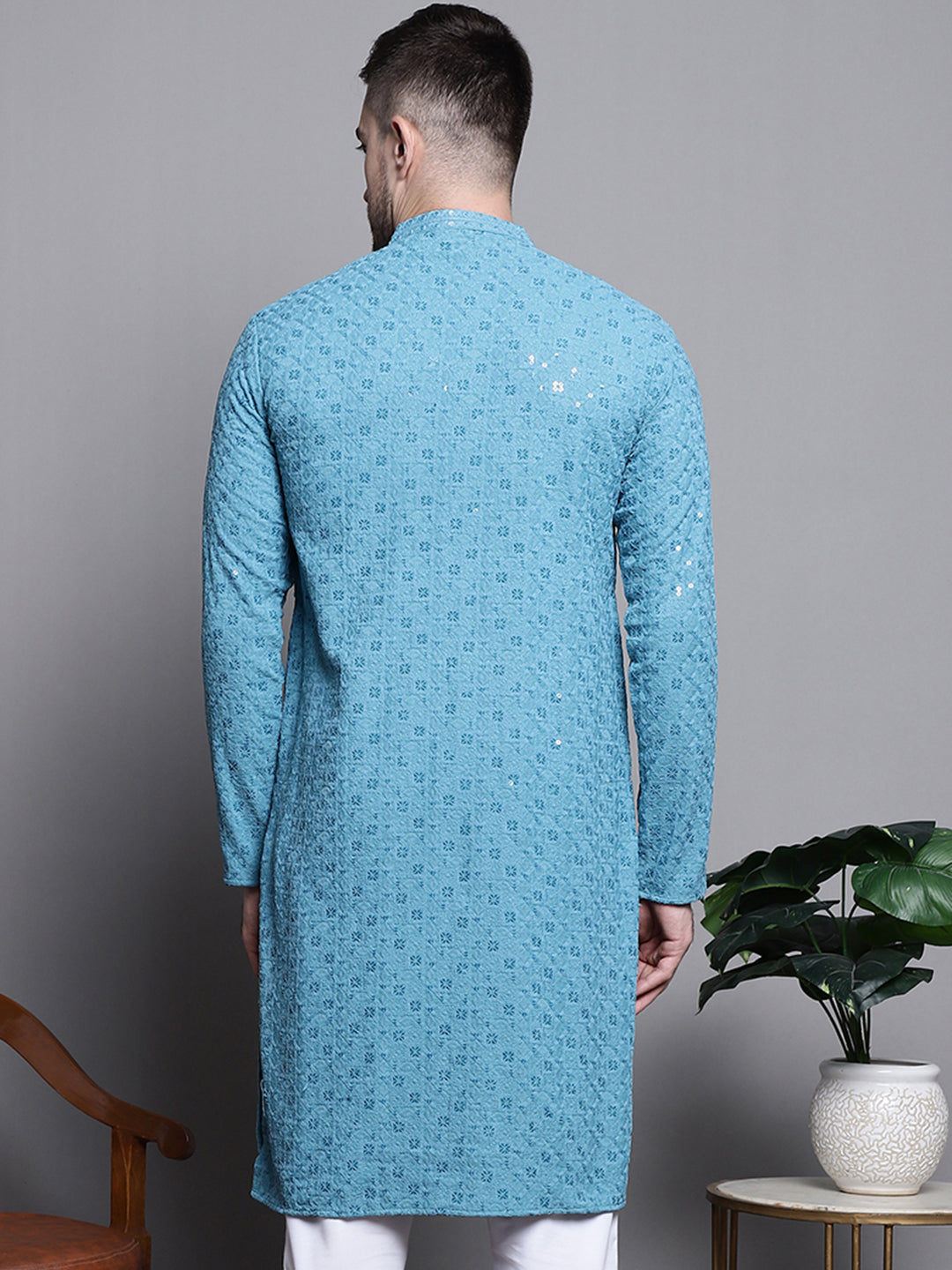 Men's Blue Sequin Embroidered Cotton Kurta