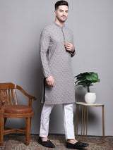 Men's Grey Sequin Embroidered Cotton Kurta