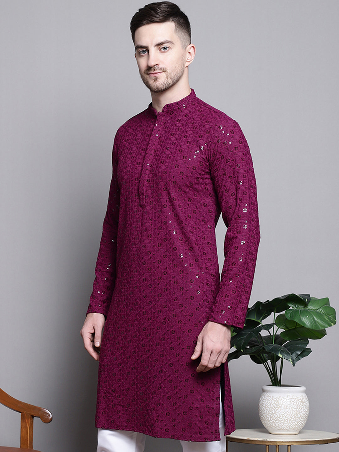 Men's Purple Sequin Embroidered Cotton Kurta