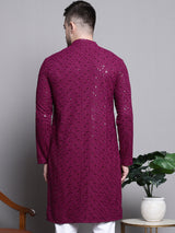 Men's Purple Sequin Embroidered Cotton Kurta