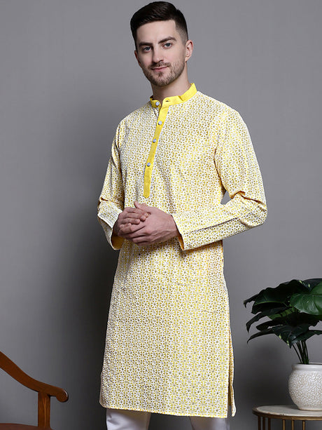 Men's Yellow Sequin Embroidered Silk Blend Kurta