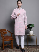 Men's Pink Sequin Embroidered Cotton Kurta
