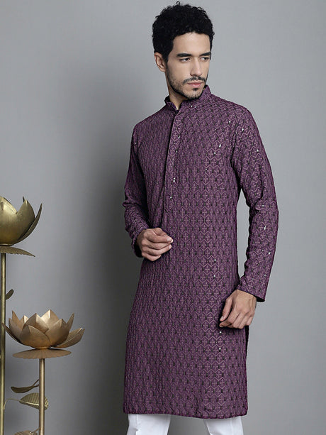 Men's Purple Chikankari Embroidered and Sequence Kurta