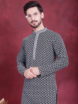 Men's Grey Sequins Embroidered Kurta