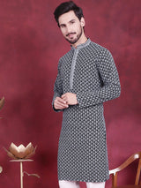 Men's Grey Sequins Embroidered Kurta