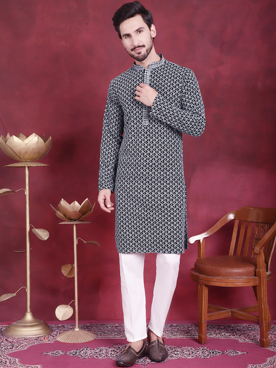 Men's Grey Sequins Embroidered Kurta