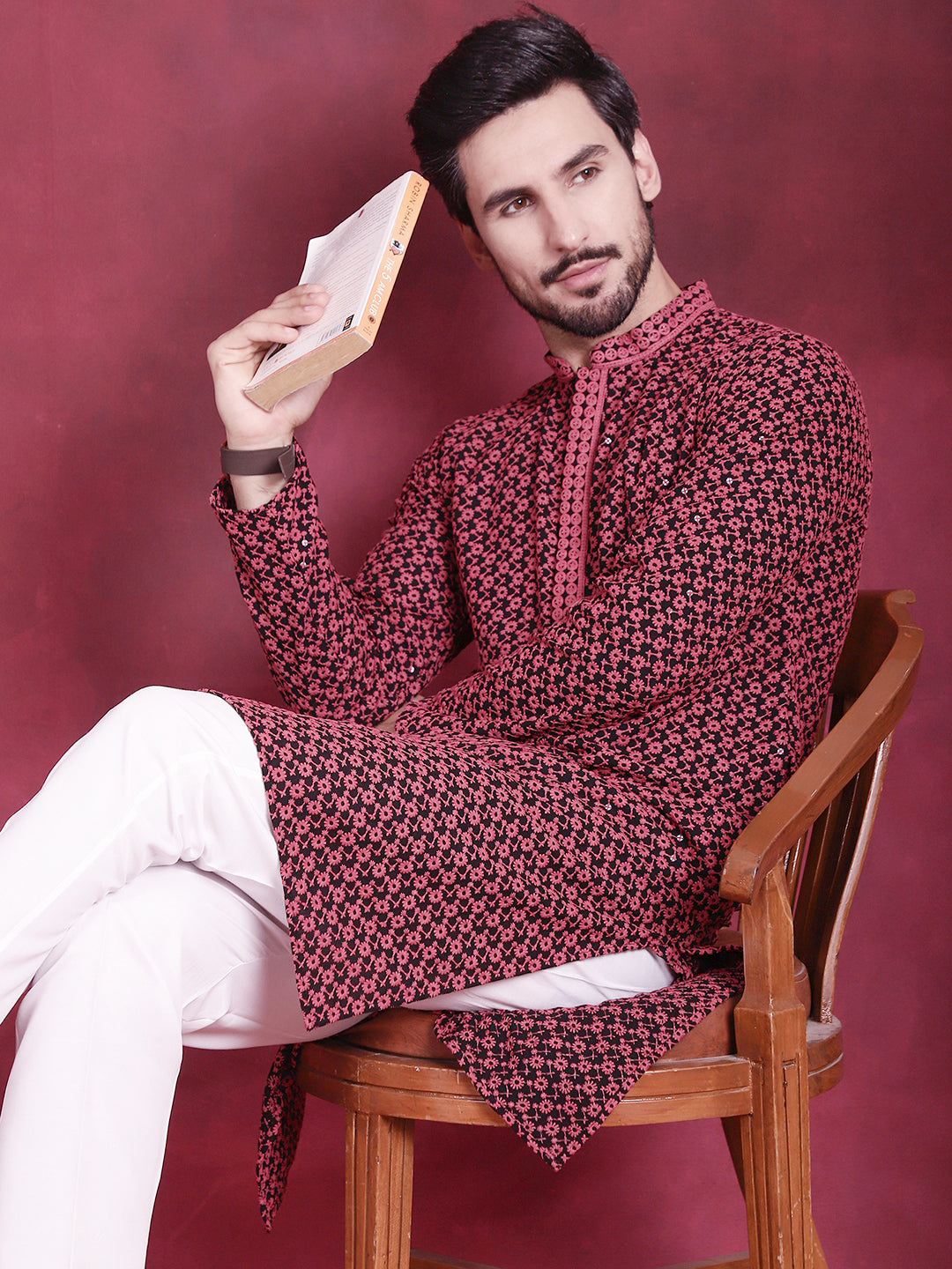 Men's Magenta Sequins Embroidered Kurta