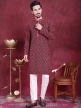 Men's Magenta Sequins Embroidered Kurta