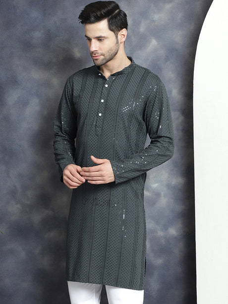 Men's Grey Sequins Chikankari Embroidered Kurta