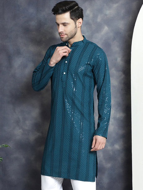 Men's Blue Sequins Chikankari Embroidered Kurta