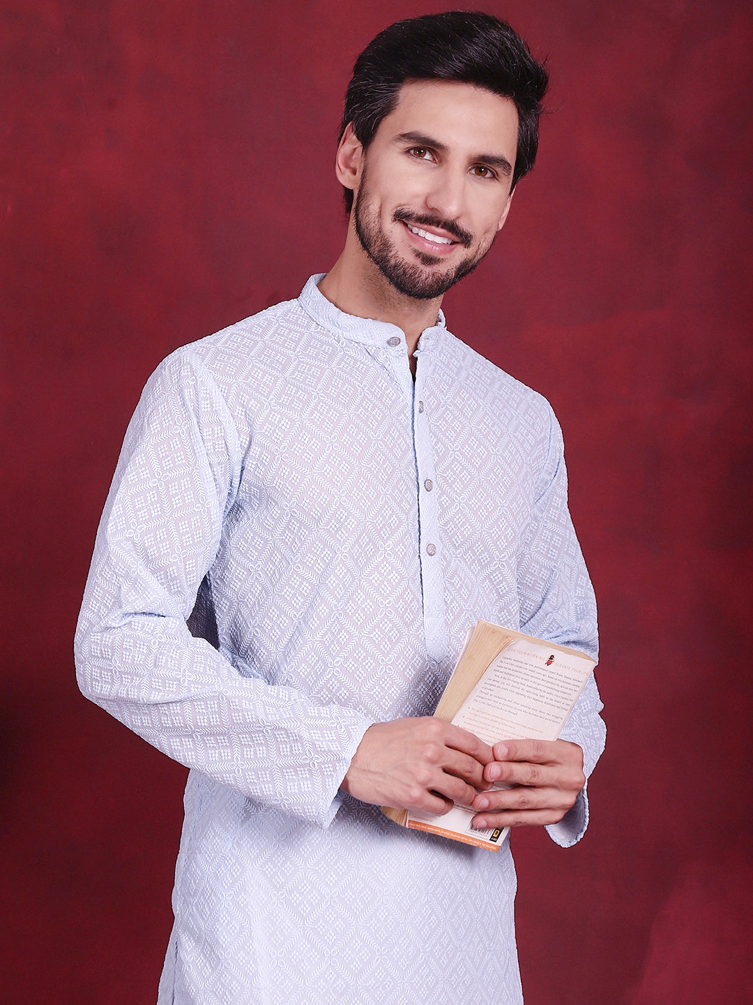 Men's Sky Chikankari Embroidered Kurta