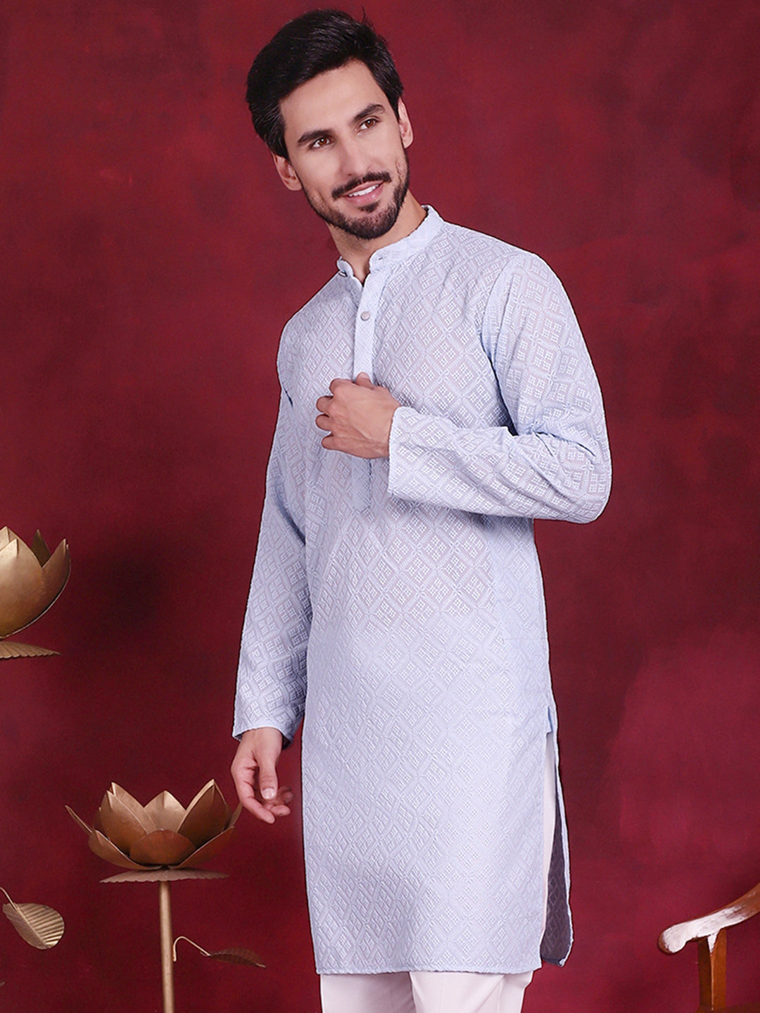 Men's Sky Chikankari Embroidered Kurta