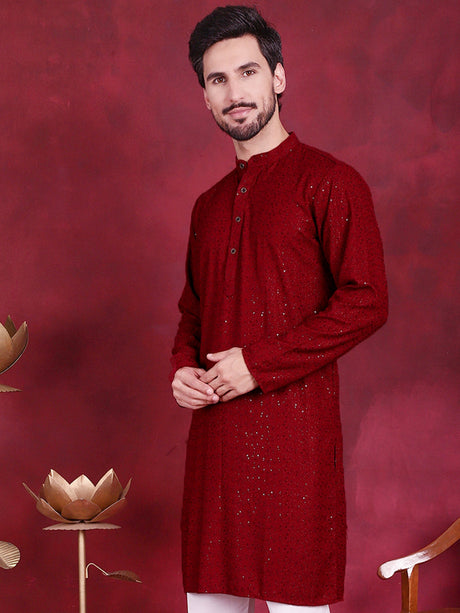 Men's Maroon Sequins Chikankari Kurta