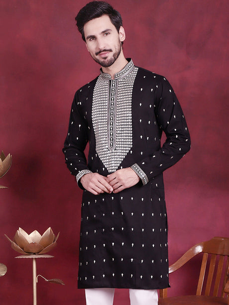 Men's Black Sequins Embroidered Kurta