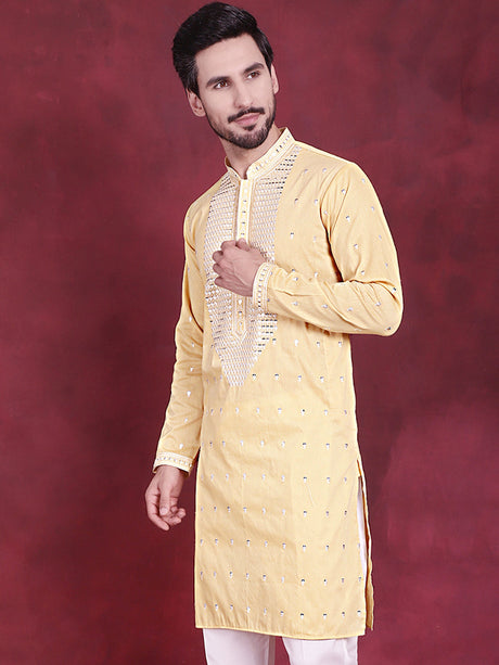 Men's Yellow Sequins Embroidered Kurta