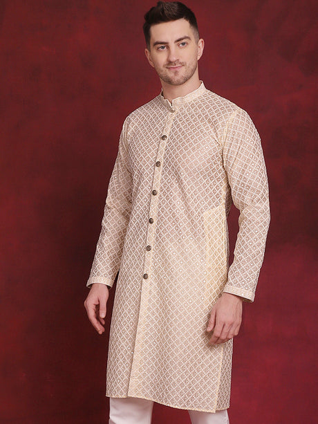 Men's Golden Sequin Chikankari Front Open Kurta