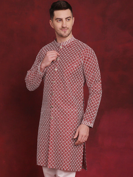 Men's Maroon Sequin Chikankari Front Open Kurta