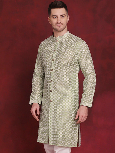 Men's Pista Sequin Chikankari Front Open Kurta