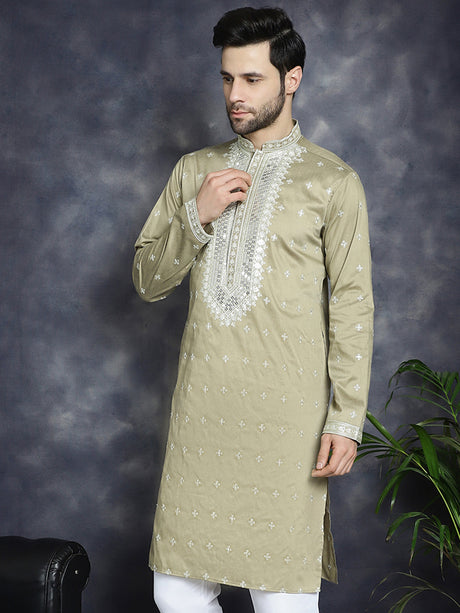 Men's Beige Sequins Embroidered Kurta