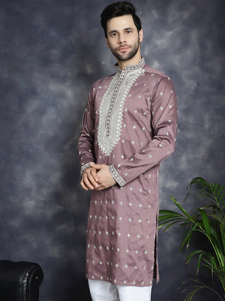 Men's Magenta Sequins Embroidered Kurta