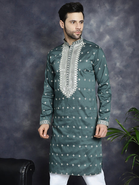 Men's Olive Sequins Embroidered Kurta