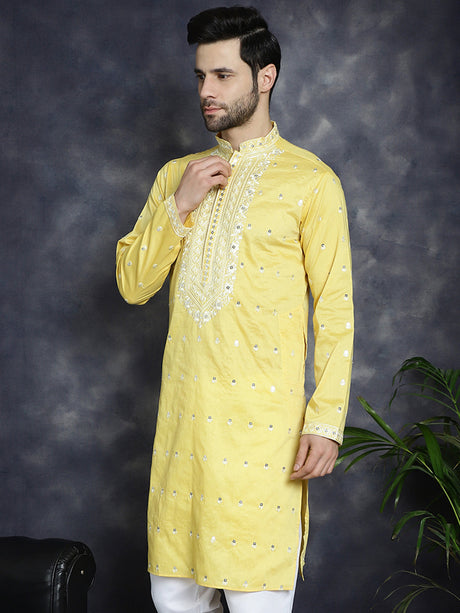 Men's Yellow Chikankari Embroidered Kurta