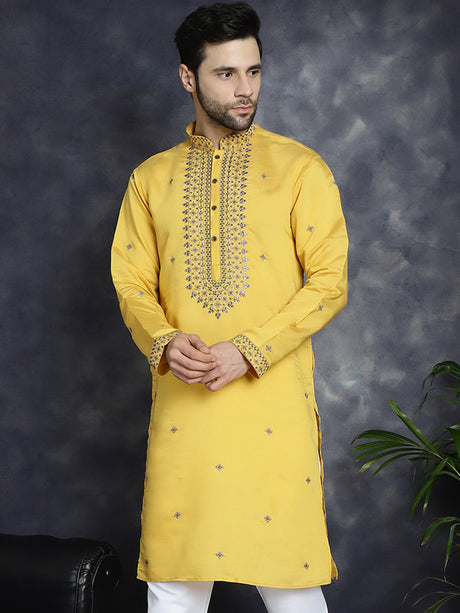 Men's Yellow Sequins Embroidered Kurta