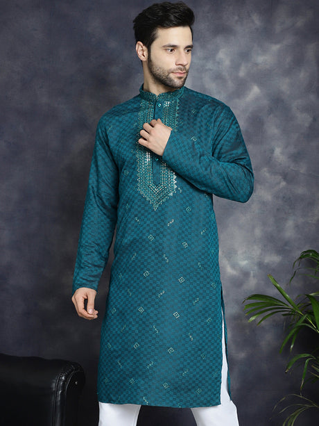 Men's Teal Sequins Embroidered Kurta