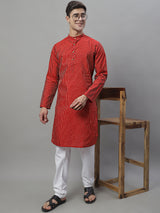 Men's Maroon Embroidered Kurta