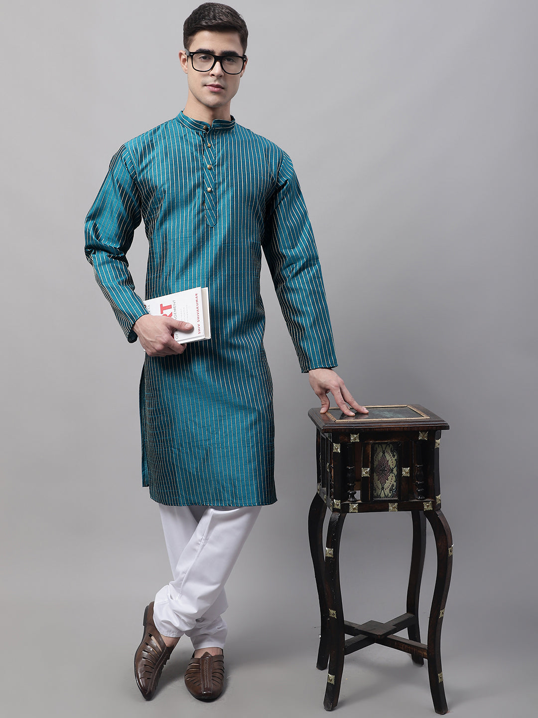 Men's Peacock Blue Embroidered Design Kurta