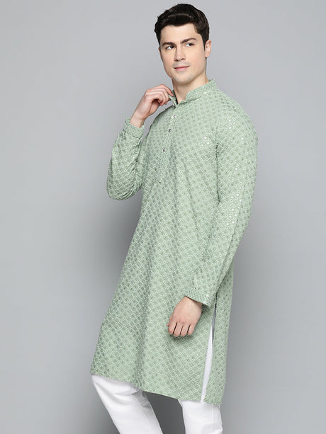 Men's Pista Green Chikankari Embroidered And Sequence Kurta