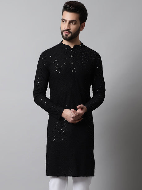 Men's Black Embroidered Sequinned Kurta