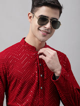 Men's Maroon Embroidered Sequined Kurta