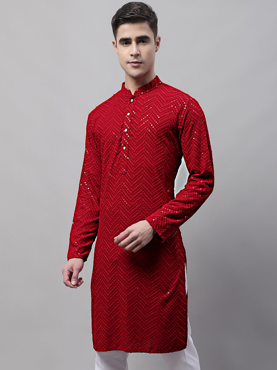 Men's Maroon Embroidered Sequined Kurta