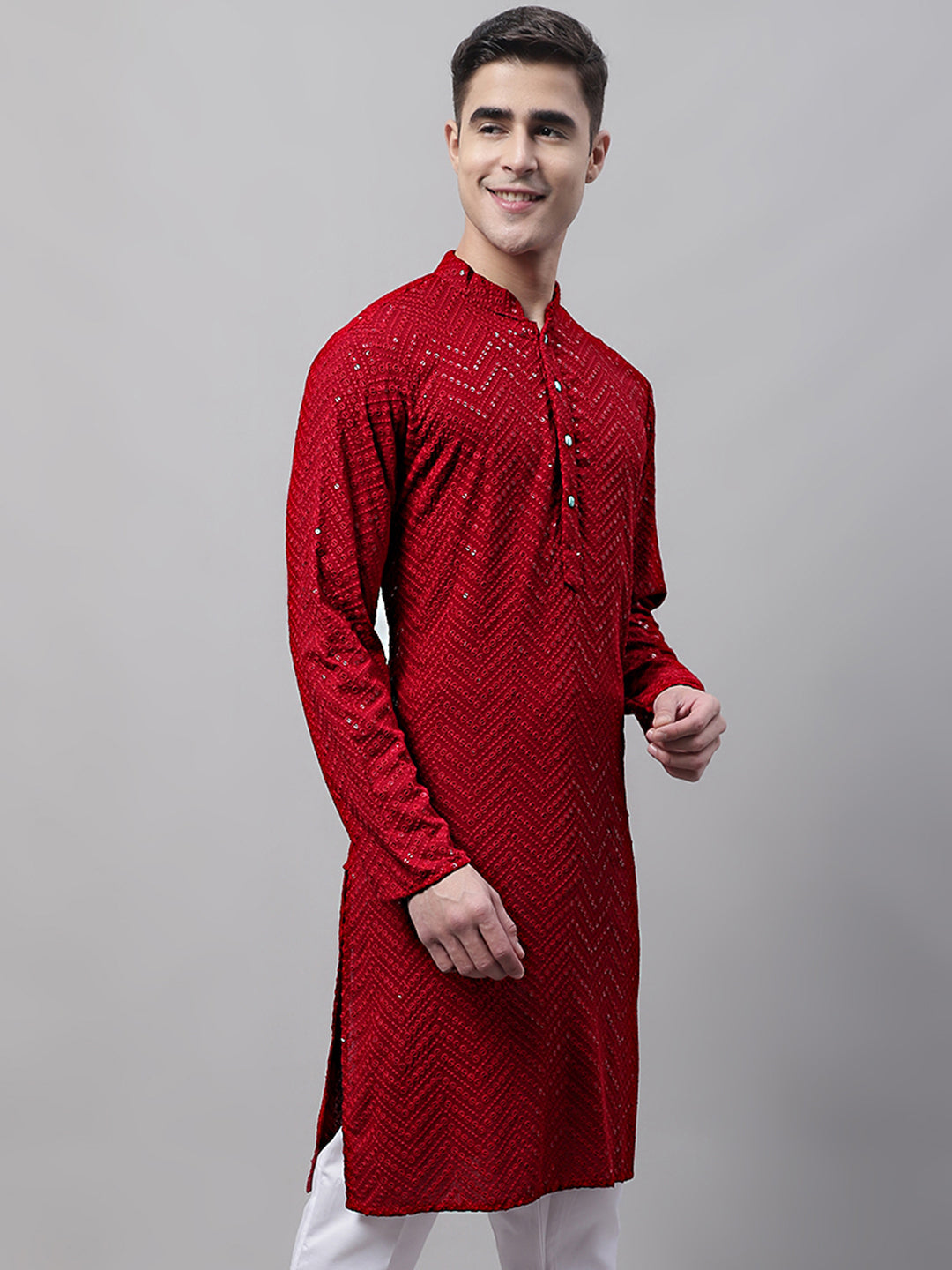 Men's Maroon Embroidered Sequined Kurta