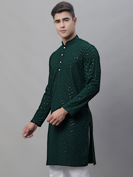 Men's Olive Green Embroidered Sequinned Kurta