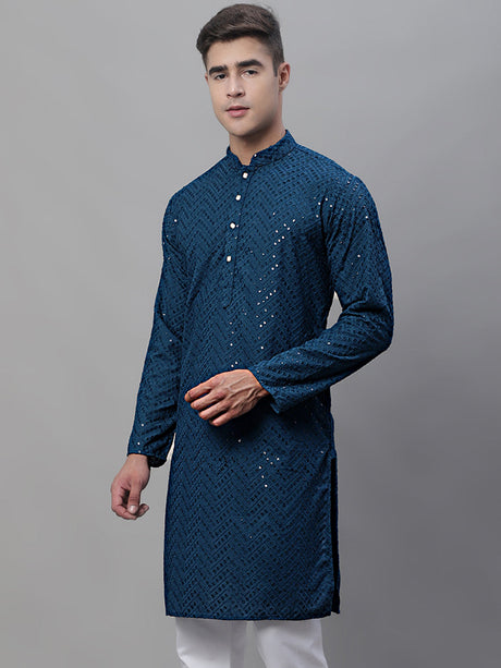 Men's Peacock Blue Embroidered Sequinned Kurta