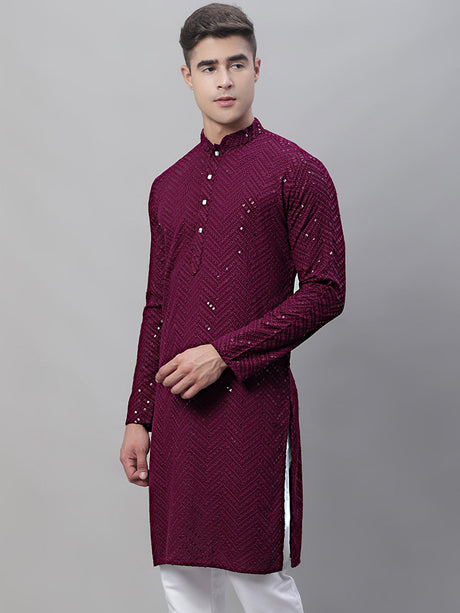 Men's Purple Embroidered Sequined Kurta